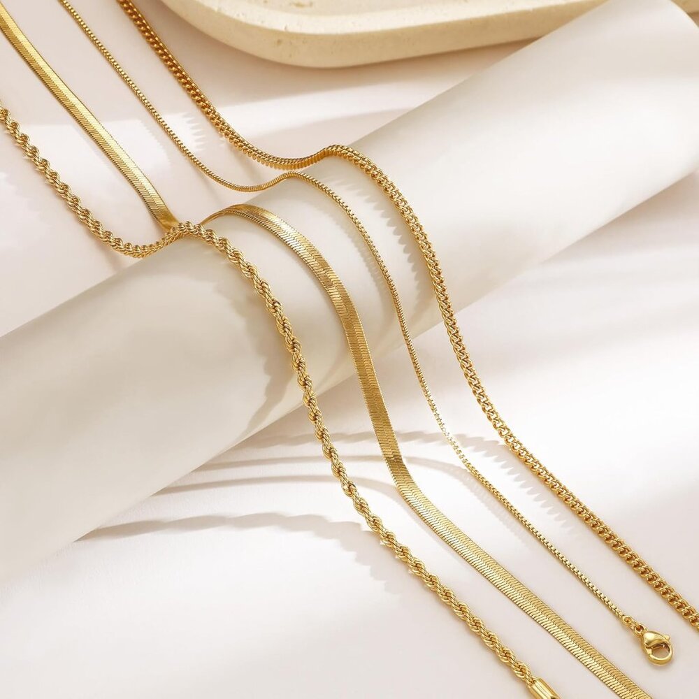 Layered Necklaces for Women Non Tarnish- Chunky 14k Gold Plated Herringbone/Snak - Picture 6 of 8
